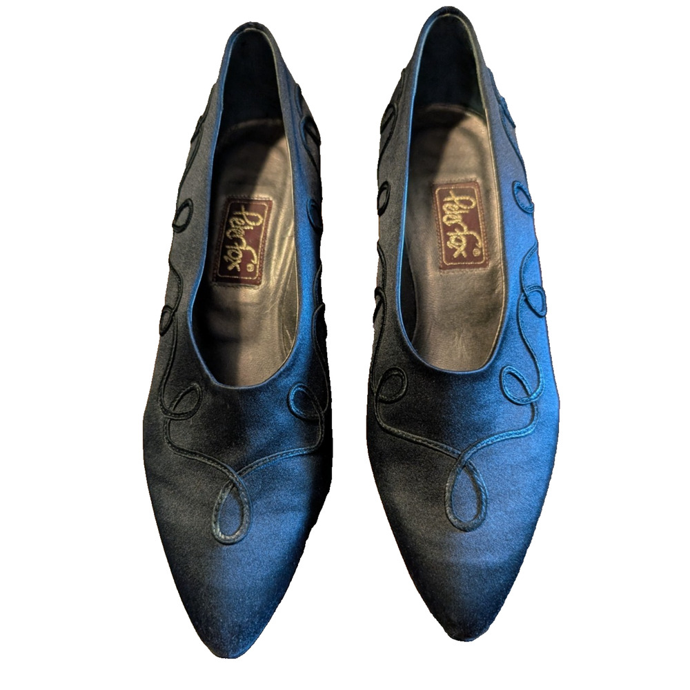 Vintage Peter Fox Black Satin Heels NEW NOS Swirls Size 7.5‎